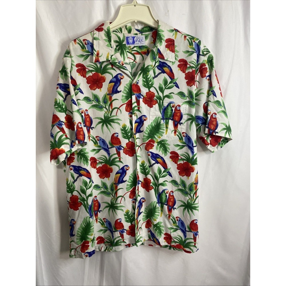 RJC Hawaiian Shirt Mens Large White Parrot Tropical Floral Excellent Made in USA